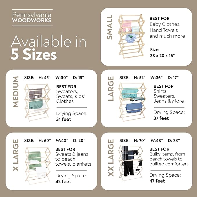 Pennsylvania Woodworks Clothes Drying Rack: Solid Maple Hard Wood Laundry Rack for Sweaters, Blouses, Lingerie & More, Durable Folding Drying Rack, Made in USA, No Assembly Needed, Medium