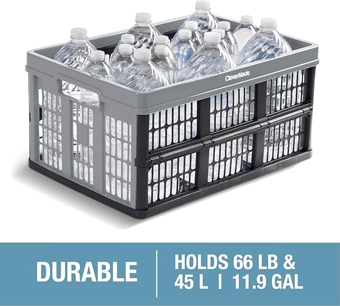 CleverMade Collapsible Utility Crates-Obsidian 1pck 45L / 11 Gal holds 66 lbs - Stackable Containers Heavy Duty Capacity Crates - Space-Saving Baskets