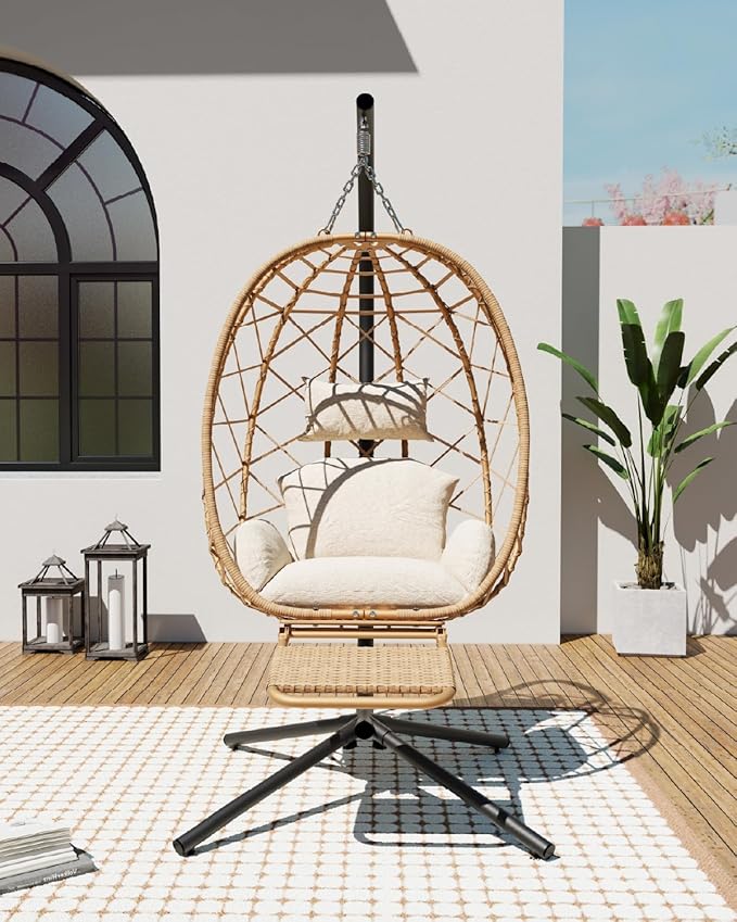 SWITTE Hanging Egg Chair with Stand, Outdoor Swing Egg Chair with Footrest, Patio Hammock Chair with Cushion for Garden Backyard-Cream