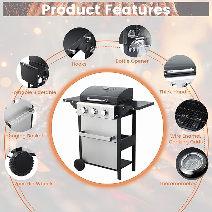 3-Burner Propane Gas BBQ Grill, 25650BTU Stainless Steel Barbecue Grill With Wire Enamel Cooking Grids, Foldable Side Table for Outdoor Camping (Style10 : 3 Burner)