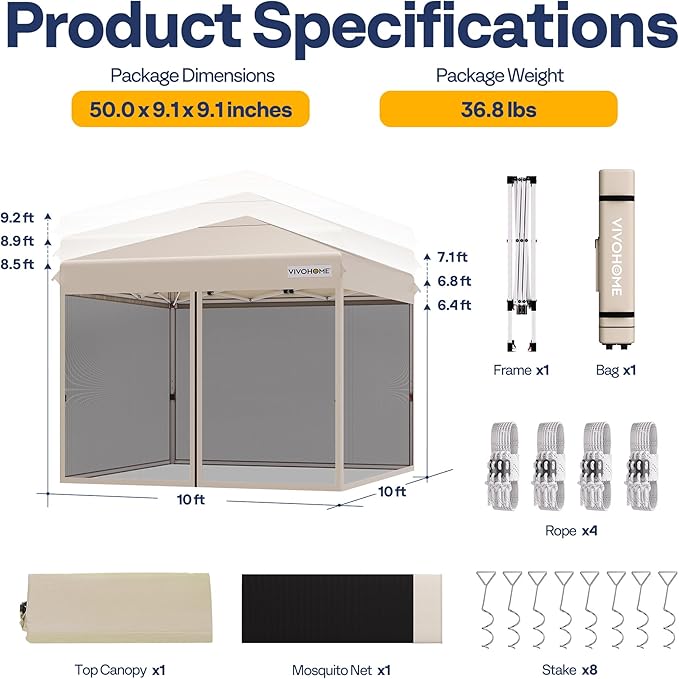 VIVOHOME 10x10ft Easy Pop-Up Canopy, Outdoor Screen Tent with Mosquito Netting, 2 Zipper Doors, and Roller Bag for Yard Camping Picnic Party Events, Beige