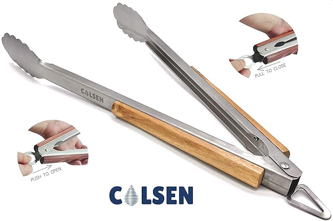 COLSEN Heavy Duty 3-Piece BBQ Grilling Tool Set, Stainless Steel Tongs, Spatula, & Fork, Kitchen Utensils Set, Camping Accessories, Brown