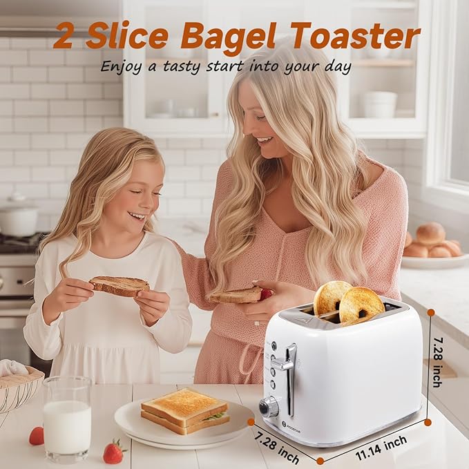 Aigostar Retro 2 Slice Toaster - Stainless Steel, Extra Wide Slots, Bagel Function, Cancel & Defrost, 6 Shade Settings, Removable Crumb Tray, White