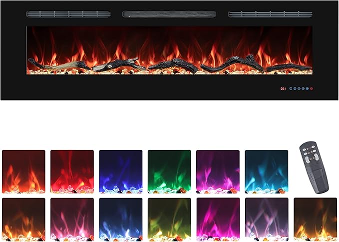 50" Electric Fireplaces Inserts, Recessed & Wall-Mounted Fireplace Heater with Thermostat, Multicolor Flames,Timer, Log & Crystal, 750/1500W