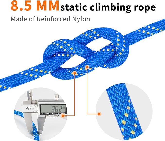 AOLEBA 8.5mm Static Climbing Rope, Outdoor Rock Climbing Ropes, Heavy Duty Rappelling Rope for Fire Rescue, Escape, 10M(32Ft) 20M(64Ft) 30M(96Ft) Ice Climbing Equipment & Parachute Accessories