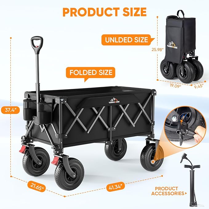 Beach Wagon with 9x3.5" Big Rubber Wheels for Sand, 350lbs Heavy Duty 200L Collapsible Utility Wagon, Easy Transport & Storage, Ideal for Sport, Camping, All-Terrain Outdoor Activities, Black