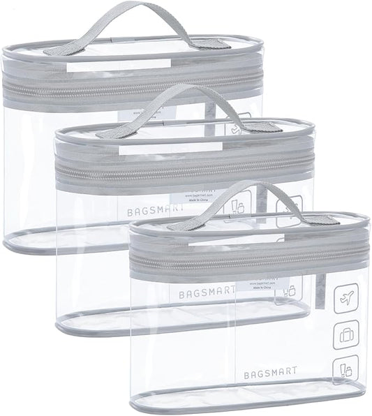 BAGSMART TSA Approved Toiletry Bag, 3 Pack Clear Makeup Cosmetic Bag Organizer, Quart Size Travel Bag for Toiletries, Carry-on Travel Accessories Essentials, Gray-3pcs