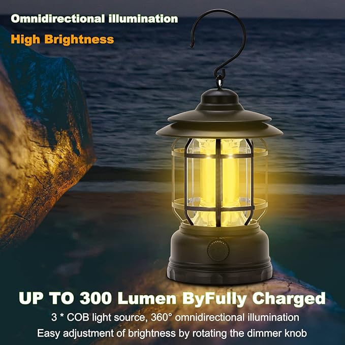 LED Camping Lanterns Rechargeable Portable, Vintage Style Tabletop Lantern, Stepless Dimming, Waterproof - Black, 2 Pack for Camping, Hanging Tent Light, and Power Outages
