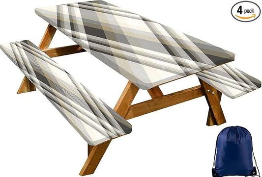 CAPSCEOLL Picnic Table Cover with Bench Covers Farm Plaid Waterproof Camping Tablecloth All-Weather Outdoor Table Protector with Drawstring Bag for Camping Essentials, 72X30in, Grey White