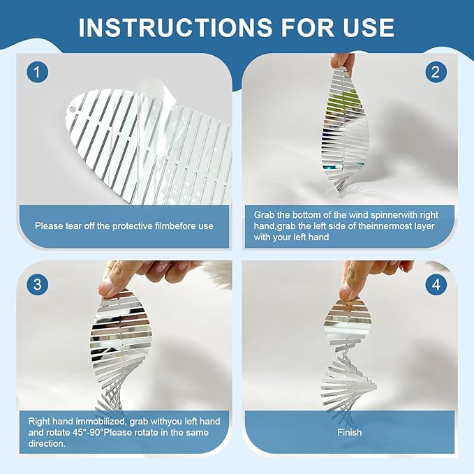 17inch Wind Spinner Outdoor Silver Fishbone 3D Metal Hanging Bird Reflectors for Outside Stainless Steel Kinetic Bird Devices to Scare Birds Away from Yard Decoraction Patio Art Whirligig Gifts