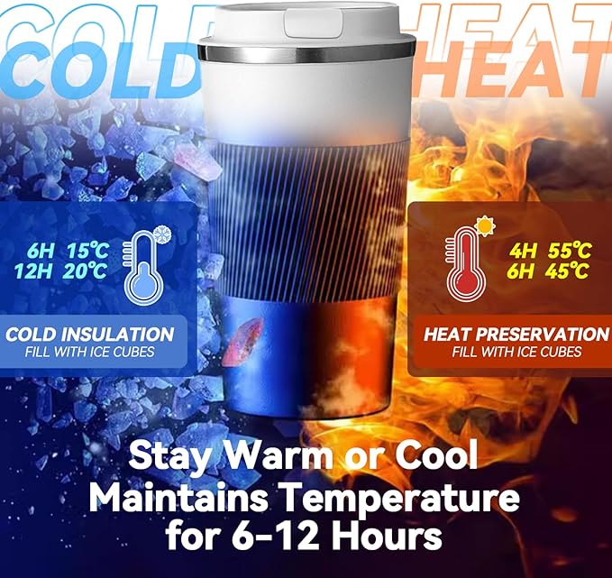 12OZ Travel Coffee Mug Insulated Coffee Cup with Spill Leak Proof Lid, Portable Stainless Steel Tumbler Reusable Hot and Cold Water Mug for Car, Daily, Camping- White