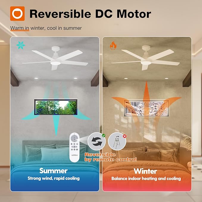 addlon Ceiling Fans with Lights, 52 inch Ceiling fan with Light and Remote Control, Reversible, 3CCT, Dimmable, Noiseless, White Ceiling Fan for Bedroom, Indoor/Outdoor Use