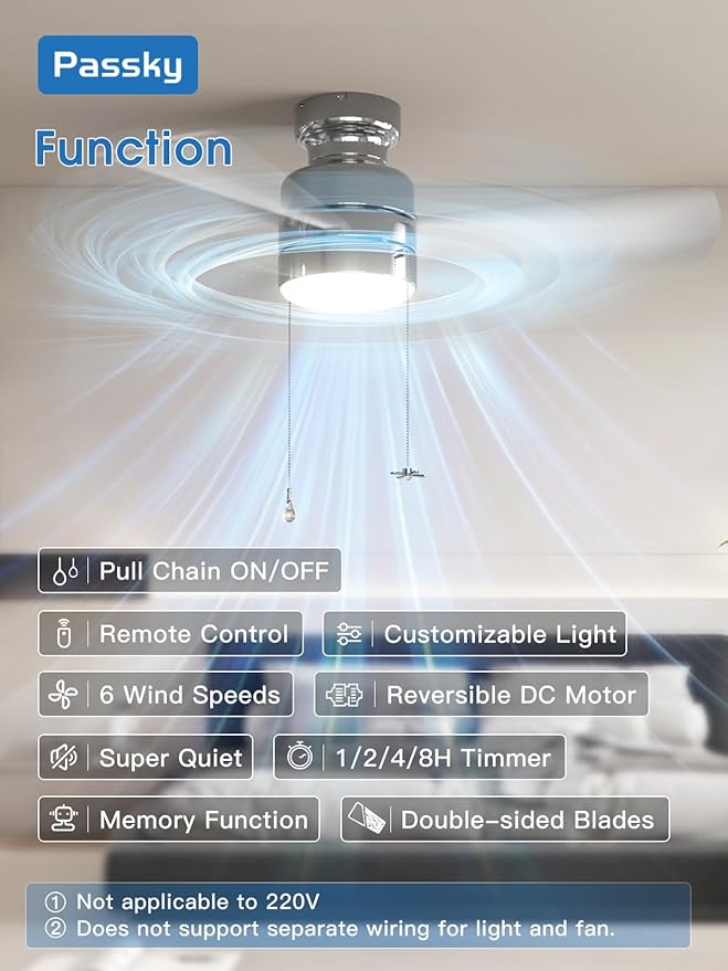 Ceiling Fans with Lights, 42 inch Low Profile Ceiling Fan with Pull Chain and Remote Control, Flush Mount, Reversible, 5CCT, Dimmable, Noiseless, Nickel Pull Cord Ceiling Fan for Bedroom