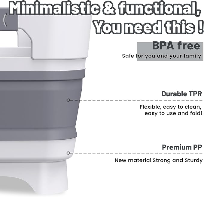 Collapsible Dish Basin with Drain Plug, 9L(2.4Gal) Capacity, Space Saving Portable Sink for Baby bottle, Kitchen, Camping& RV, Gray
