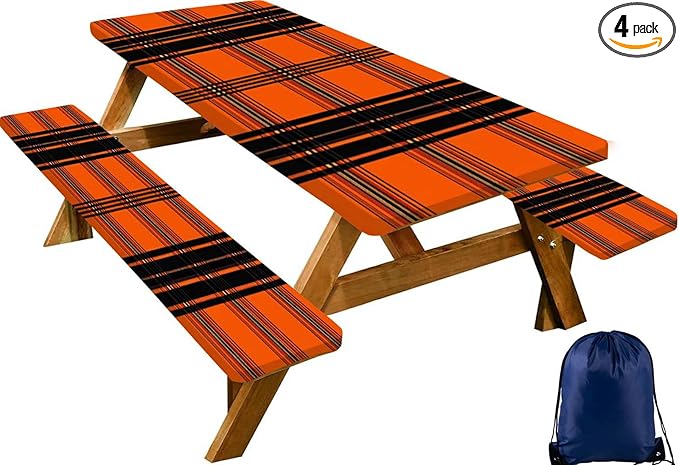 CAPSCEOLL Fitted Picnic Table Cover with Bench Covers with Elastic 6Ft Waterproof Camping Picnic Table Cover Cloths for Outdoors Camping Tablecloth with Drawstring Bag, 72X30in, Orange Plaid