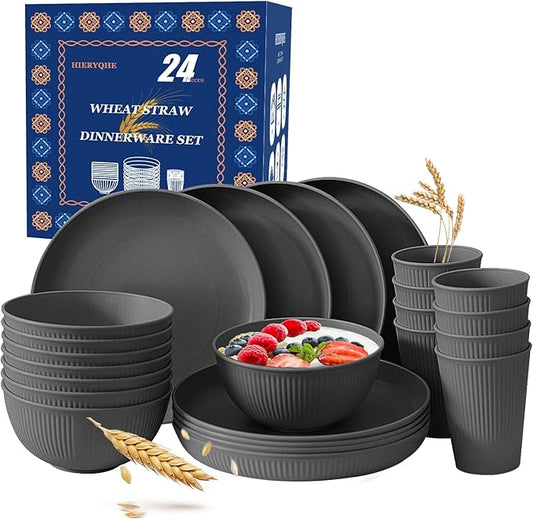 24pcs Wheat Straw Dinnerware Sets For 8, Unbreakable Plates and Bowls Wheat Straw Dinnerware Microwavable Cups Plates and Bowls Sets Shatterproof For Outdoor Kitchen Camping