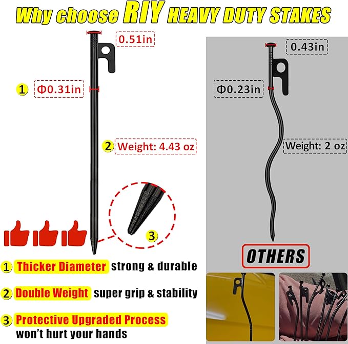 8 Pack Tent Stakes Heavy Duty Metal Tent Pegs for Camping Steel Tent Stakes 12 inch Unbreakable and Inflexible