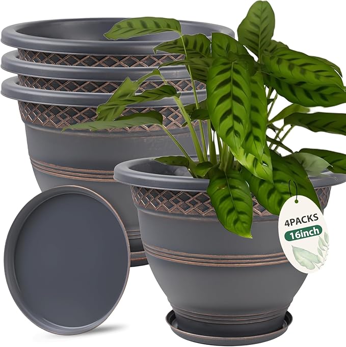 4 Pack 16 Inch Large Plant Pots, Plastic Flower Pot for Indoor & Outdoor with Drainage Holes & Saucer, Plaid Pattern Planters Garden Pots for Herbs