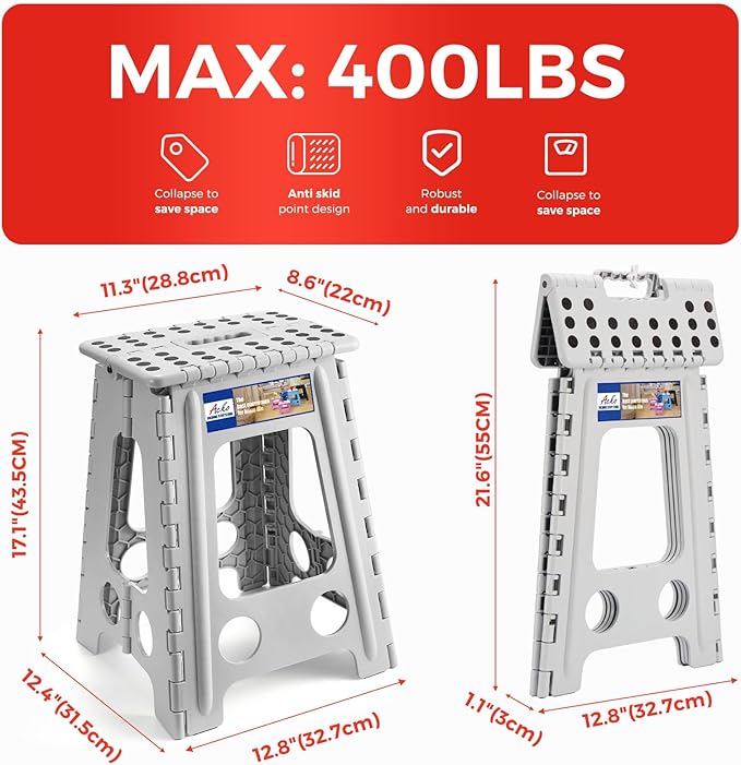 ACKO Folding Step Stool Foldable 17.5 Inch 400 lbs Capacity, Plastic Stools for Adults and Kids, Collapsible Stools for Kitchen, Stepping Stool with Handle(Grey)