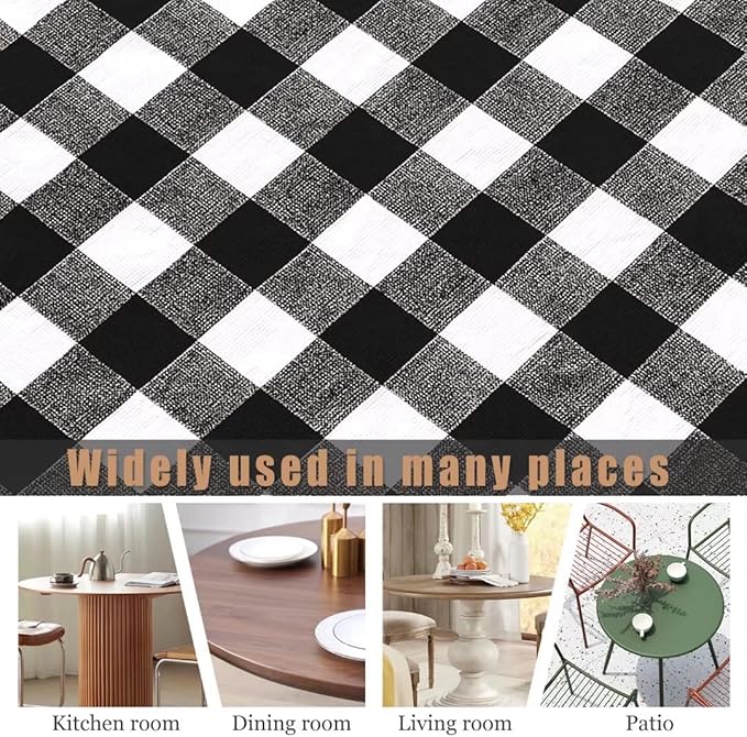 Fitable Vinyl Fitted Round Table Cover with Elastic, Black and White Checkered Tablecloth with Flannel Backing Plaid Table Cloth for Indoor Outdoor Picnic Party (Fit for 45"-56" Round Tables)