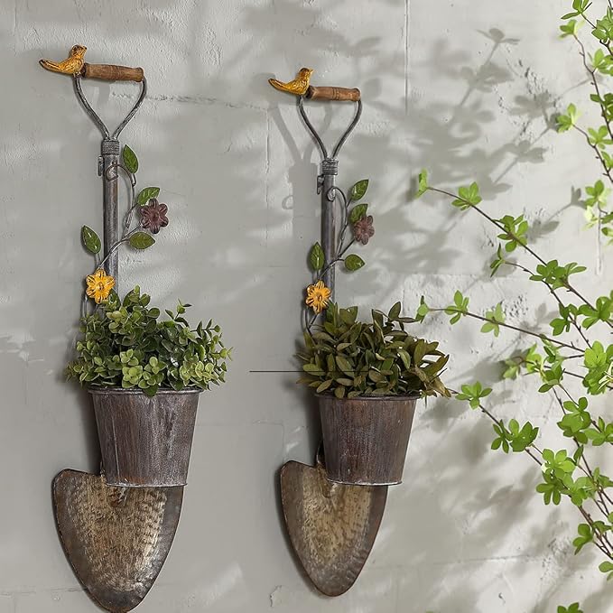 2Pcs Wall Mounted Planter Farmhouse Outdoor Wall Decor-Rustic Garden Shovel Tool Planters