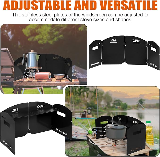 Black Camping Stove Windscreen 4 Plates Steel Camp Stove Windscreen Folding Outdoor Picnic Cooker Stove Wind Screen Windshield with Drawstring Bag for Camping, Hiking, Picnic, Backpacking, Cooking