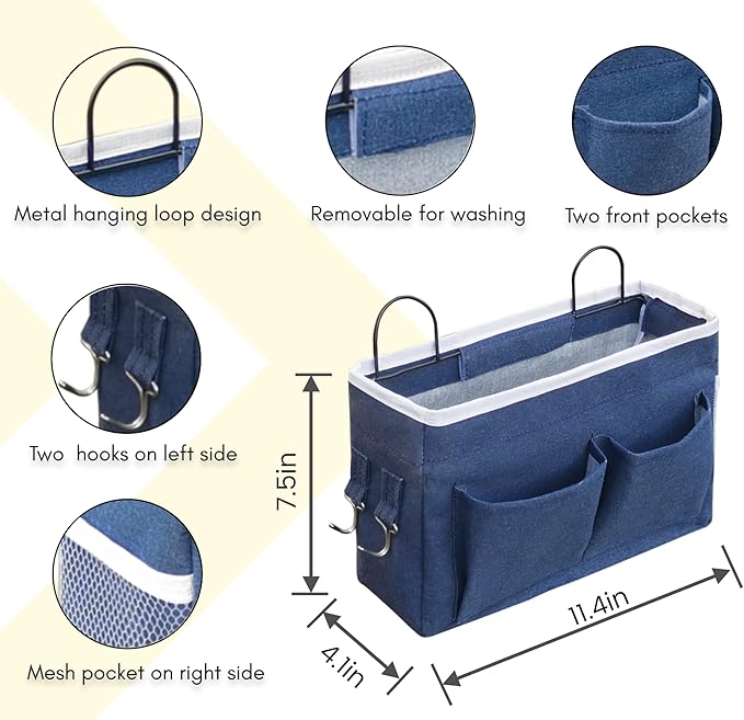 2pcs Middle Wall Hanging Organizer Bag, Linen Fabric Door Hanging Storage Basket with Pockets, Waterproof Bin for Kitchen, Bedroom, Office, RV Camper (Blue)