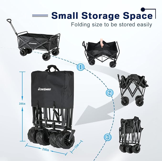 EchoSmile Heavy Duty 350 Lbs Capacity Collapsible Wagon, Outdoor Folding Camping Wagons, Grocery Portable Utility Cart, Adjustable Rolling Carts, All Terrain Sports Wagon with Big Wheels by Boahaus