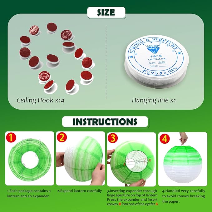 14 PCS Paper Lanterns, Gradient Colorful Green Round Paper Lanterns Decorative Lantern Lamps, Hanging Chinese Lanterns Indoor Room & Outdoor Party Supplies Decoration