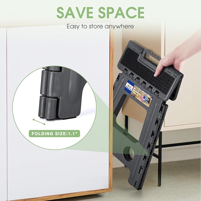 ACKO Folding Step Stool Foldable 16 Inch Stools for Adults and Kids, Plastic Stools Tall 400 lbs Capacity, Collapsible Stool for Kitchen, Stepping Foot Stool with Handle, Dot Grey, 1 PC