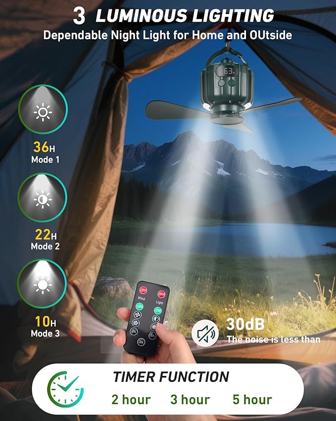 DUKUSEEK Portable Ceiling Fans with Remote Control, Power Bank, USB Battery Operated Camping Fan with Hanging Hook for Canopy Tents, Emergency Survival