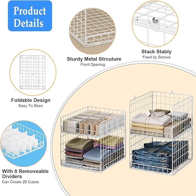 4 Tier Closet Organizers and Storage Shelves, Collapsible Stackable Storage Drawers Organizer Shelf Bins Baskets Containers for Truck Camper RV Closet Cupboard Wardrobe,Narrow, Sturdy Metal Frame