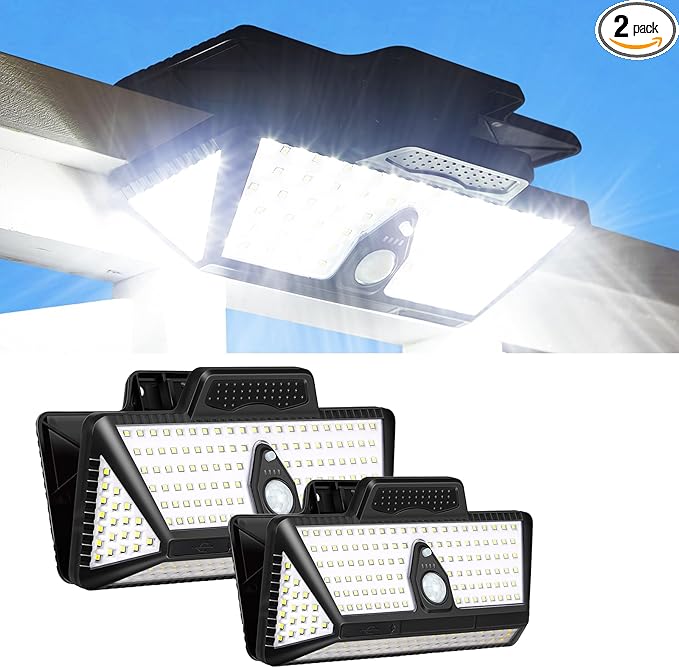 208Leds Solar Lights Outdoor,Clip on Motion Sensor Outdoor Lights,6000K,1000LM High Bright Solar Powered Flood Light with 3 Mounting Ways for Bakcyard Fence Garage Camping (2Pack)