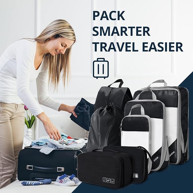 7 Set Compression Packing Cubes for Travel - Compressible, Lightweight, and Space-Saving Packing Cubes, Travel Essentials for Women, Black