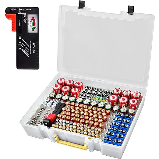 Battery Organizer Storage Holder- Batteries Case Containers Box with Tester Checker BT-168. Garage Organization Holds 225 Batteries AA AAA C D Cell 9V 3V Lithium LR44 CR2 CR1632 CR2032 (Blue)