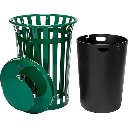 Global Industrial Heavy-Duty 36 Gallon Capacity Outdoor Metal Slatted Trash Receptacle with Rain Bonnet Lid & Plastic Liner, Green, Commercial & Industrial Trash Can