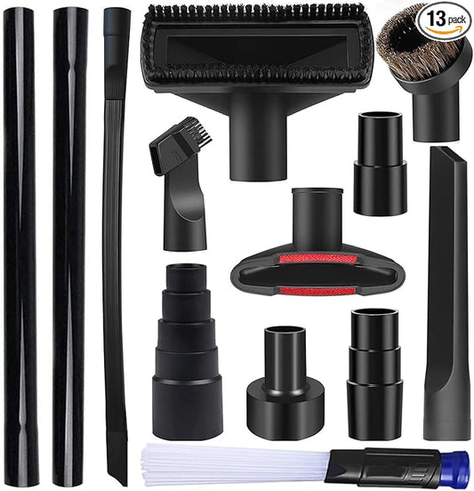 13PCS Universal Vacuum Attachment Kit Wet Dry Plastic Vacuum Hose Adapter 1-1/4" Vacuum Cleaners Accessories with Horse Hair Brush Extension Wand Flexible Crevice Tool Adapter for Shop Vac Accessories