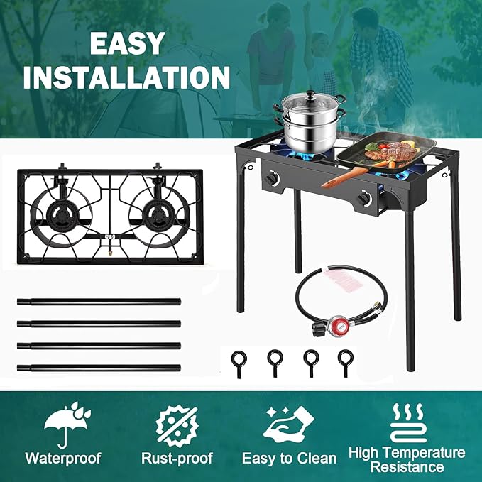 2 Burner Propane Gas Stove | 150,000 BTU High-Pressure Heavy-Duty Camping Stove with Regulator, Detachable Legs | Portable for Outdoor, Backyard, Patio BBQ, Baking, Frying, Brewing, Tailgating
