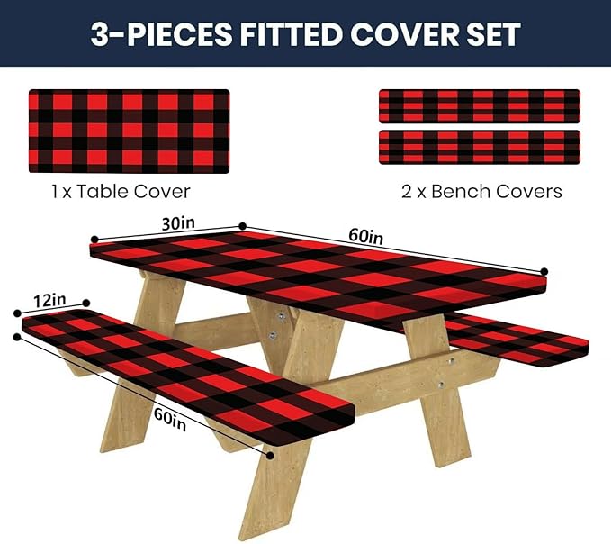 CAPSCEOLL Elastic Picnic Table Cover with Bench Covers 5Ft Waterproof Fitted Picnic Table Cover Cloths for Outdoors Camping Tablecloth with Drawstring Bag, 60X30in, Black Red