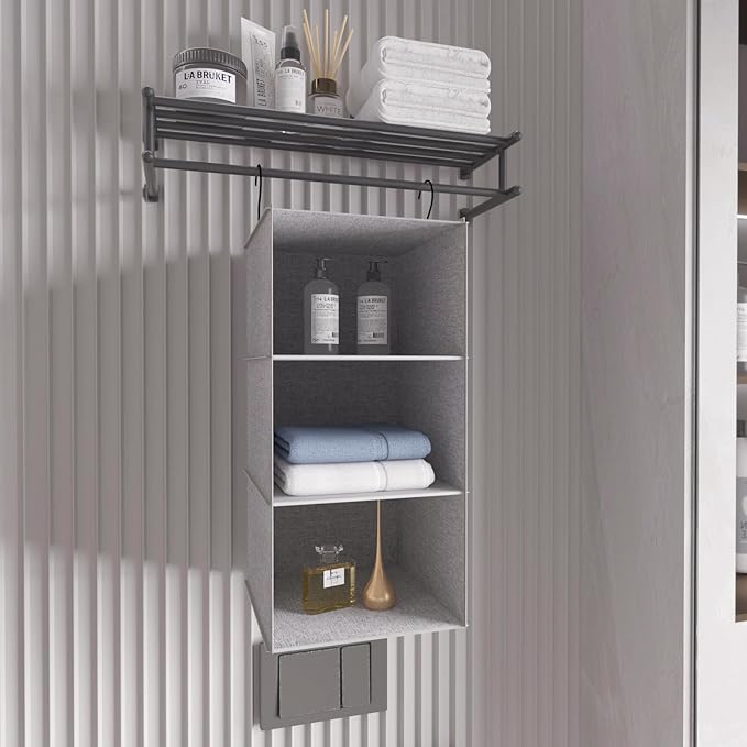 Hanging Closet Organizer, Easy Mount Collapsible 3-Shelf Camper Closet Wardrobe Hanging Storage Shelves, Folded Clothes Towels Handbag Shoes Accessories Storage, Linen Cloth, Gray