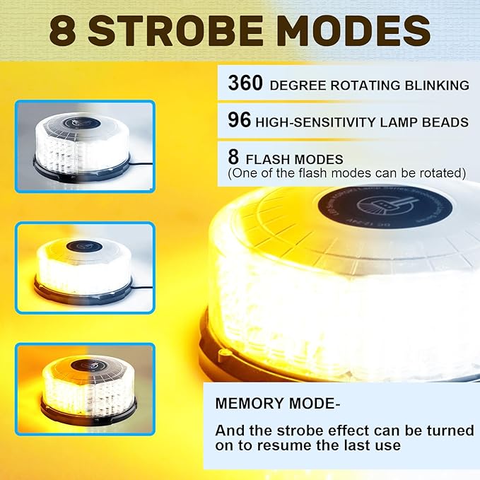 1PCS Magnetic Beacon Lights, 96LED Rooftop Mini Strobe Safety Flashing Warning Emergency Lights for Vehicles Trucks Forklift Tractors Golf Carts Boat Trailer Car Van (Amber&White)