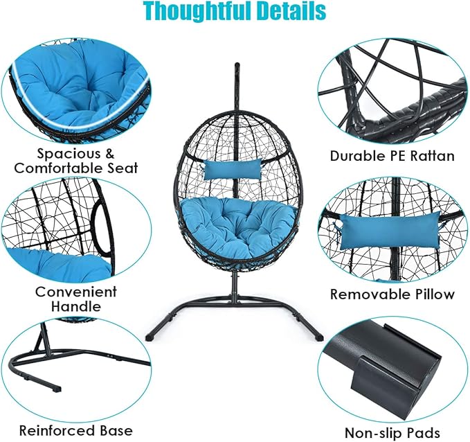 Giantex Hanging Egg Chair, 36.5-Width Oversized Swing Chair with C-Hammock Stand Set, Hammock Chair with Soft Seat Cushion & Pillow, Multifunctional Hanging Chairs for Outdoor Indoor Bedroom (Blue)