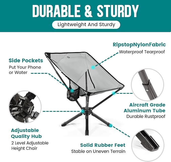 Adjustable Portable Camping Chair RiseLite Lightweight Compact Folding Chair for Adults, Collapsible Camp Chairs That Folds Up Small, Easy Carry for Travel, Outdoor, Sports, Backpacking, Hiking