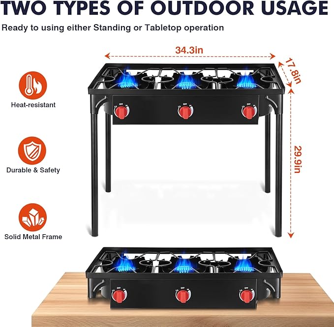 Llamaviva 3 Burner Gas Stove, Propane Outdoor Stove with Removable Legs,Auto Ignition Button&Regulator, 225,000 BTU,Propane Burners for Outdoor Cooking, Camping&BBQ Cookouts