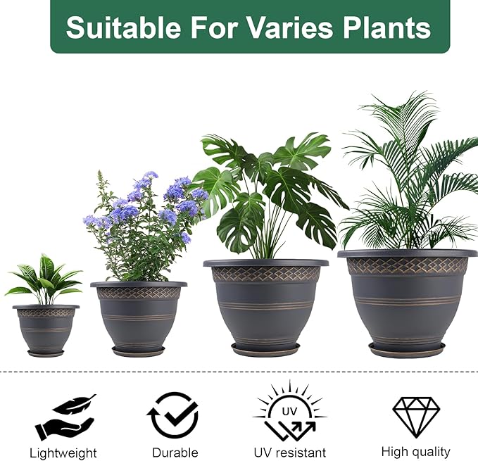 4 Pack 12 Inch Large Plant Pots, Plastic Flower Pot for Indoor & Outdoor with Drainage Holes & Saucer, Plaid Pattern Planters Garden Pots for Herbs