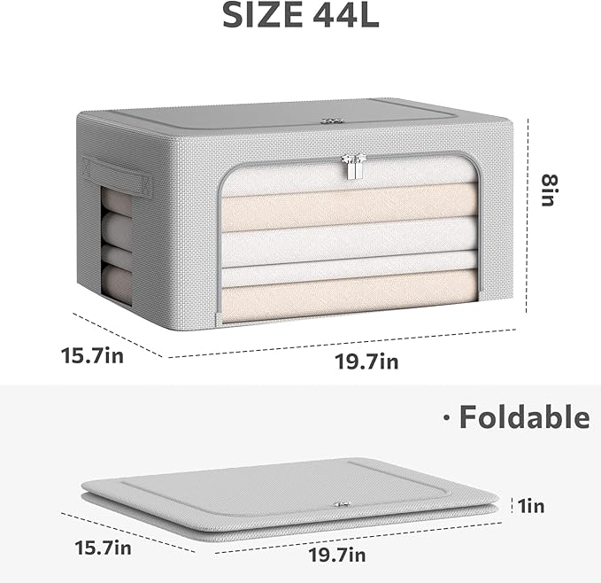 3Pack Frame Storage Box - Clothes Storage Bin Bags Oxford Fabric Foldable Stackable Container Organizer Set with Clear Window & Carry Handles (Grey, Medium-44L)