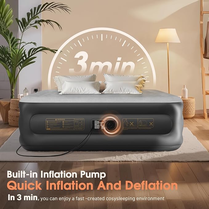 Air Mattress Queen with Built in Pump,20'' Inflatable Mattress 2 Mins Self-Inflation/Deflation,Thicker Blow up Mattress Leak-Proof,Flocked Top Air Bed with Storage Bag for Home, Camping & Guests