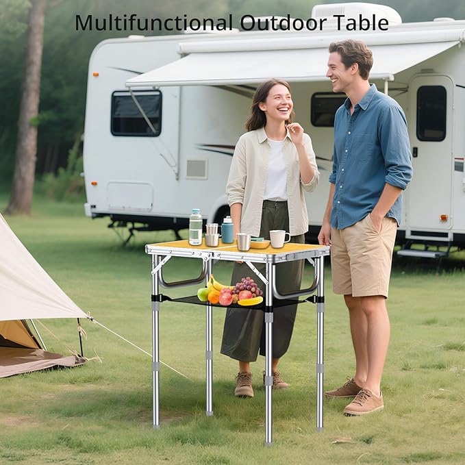 2ft Camping Table Foldable, 3 Adjustable Heights High 27.5" Aluminum Small Folding Table with Carrying Handle, Portable, for Outdoor Indoor Picnic Beach BBQ Party Travel, 24" x 16", Yellow