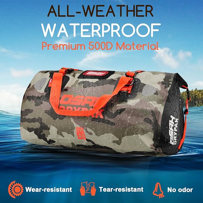 Waterproof Duffel Bag - Motorcycle Dry Bag Tail Bag with Large Storage Space, Waterproof Luggage Duffle Bags with Outer Mesh Zipper Pocket for Camping, Kayaking, Fishing & Traveling