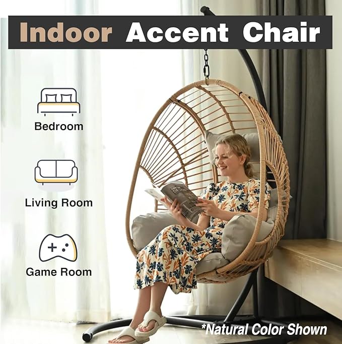 Oversized Hanging Egg Chair Outdoor Wicker Swing Chair with Stand Rain Cover UV Resistant Cushion 400lbs Capacity for Patio, Garden and Balcony